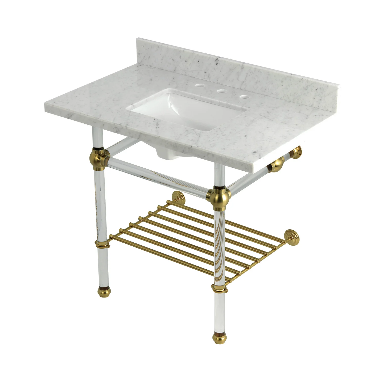 Kingston Tulare KVPB3630MASQB7 - Templeton 36-Inch Carrara Marble Console Sink with Acrylic Legs and Shelf (8-Inch, 3-Hole), Carrara Marble White/Brushed Brass