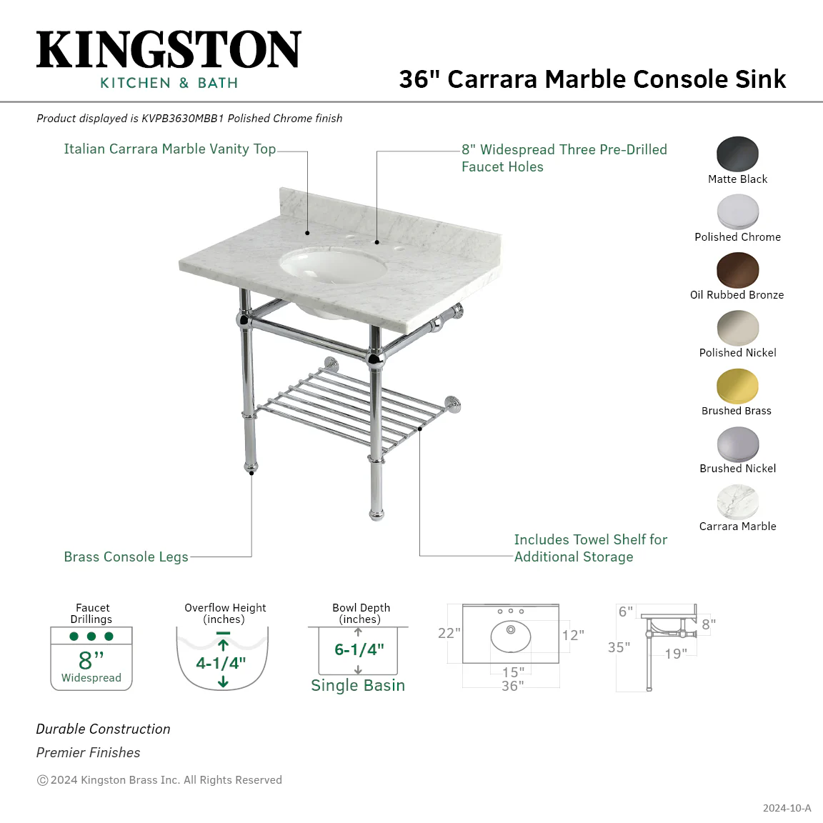 Kingston Heirloom KVPB3630MBB5 - Templeton 36-Inch Carrara Marble Console Sink with Brass Legs and Shelf (8-Inch, 3-Hole), Carrara Marble White/Oil Rubbed Bronze - Image 2