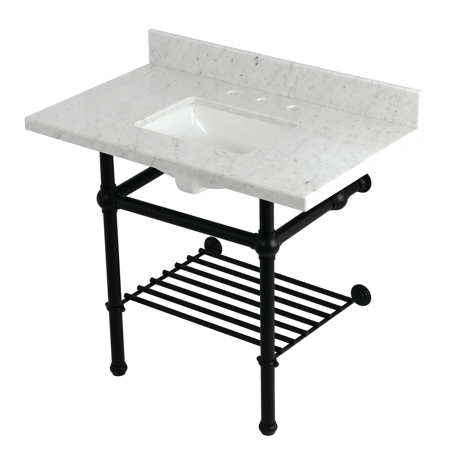 Kingston Heirloom KVPB3630MBSQB0 - Templeton 36-Inch Carrara Marble Console Sink with Brass Legs and Shelf (8-Inch, 3-Hole), Carrara Marble White/Matte Black