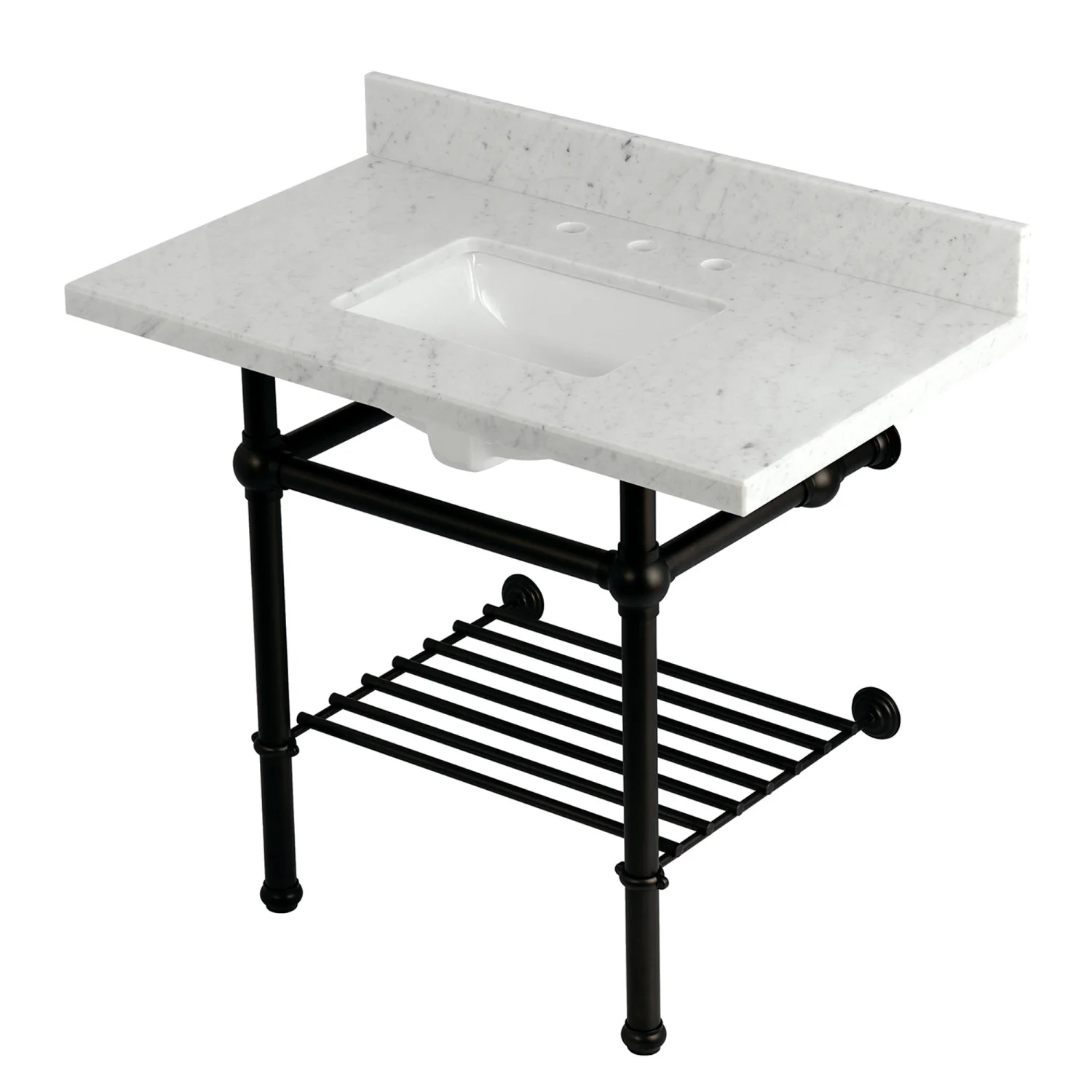 Kingston Heirloom KVPB3630MBSQB5 - Templeton 36-Inch Carrara Marble Console Sink with Brass Legs and Shelf (8-Inch, 3-Hole), Carrara Marble White/Oil Rubbed Bronze