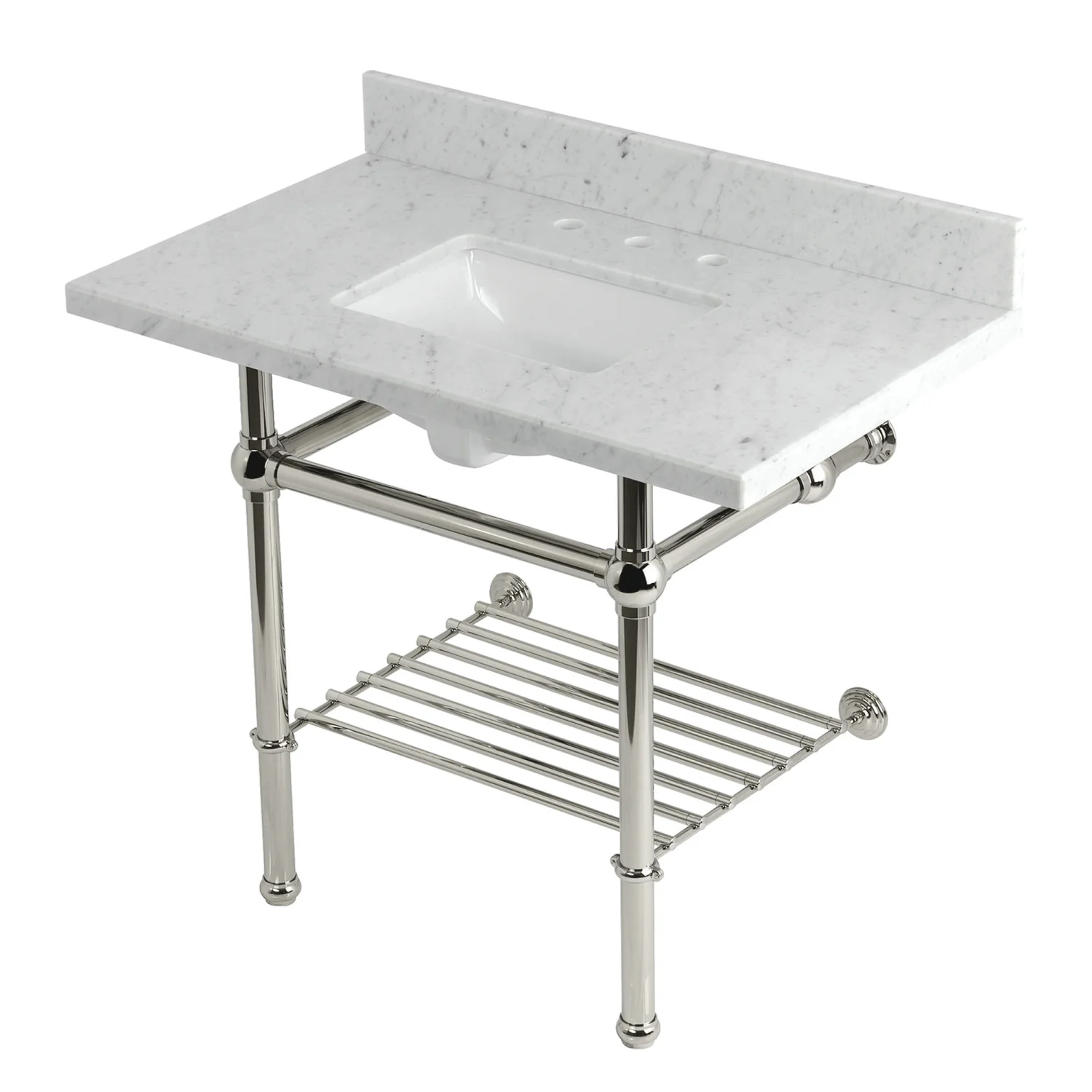 Kingston Heirloom KVPB3630MBSQB6 - Templeton 36-Inch Carrara Marble Console Sink with Brass Legs and Shelf (8-Inch, 3-Hole), Carrara Marble White/Polished Nickel