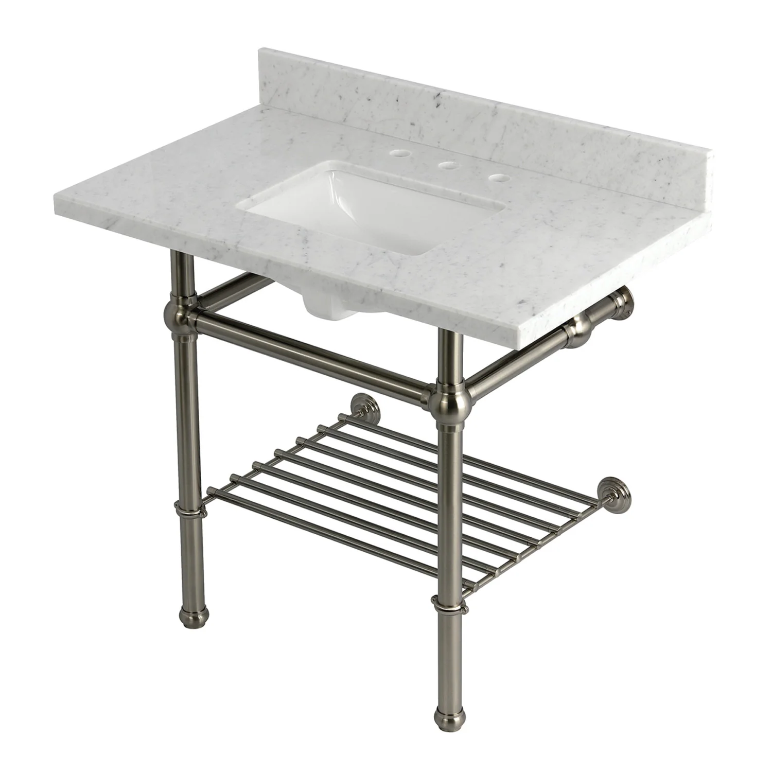 Kingston Heirloom KVPB3630MBSQB8 - Templeton 36-Inch Carrara Marble Console Sink with Brass Legs and Shelf (8-Inch, 3-Hole), Carrara Marble White/Brushed Nickel