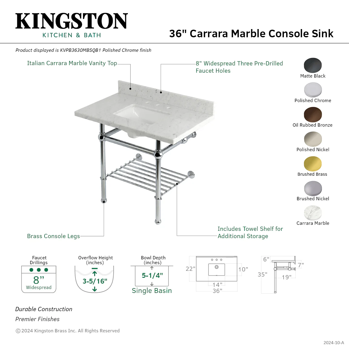 Kingston Heirloom KVPB3630MBSQB8 - Templeton 36-Inch Carrara Marble Console Sink with Brass Legs and Shelf (8-Inch, 3-Hole), Carrara Marble White/Brushed Nickel - Image 2