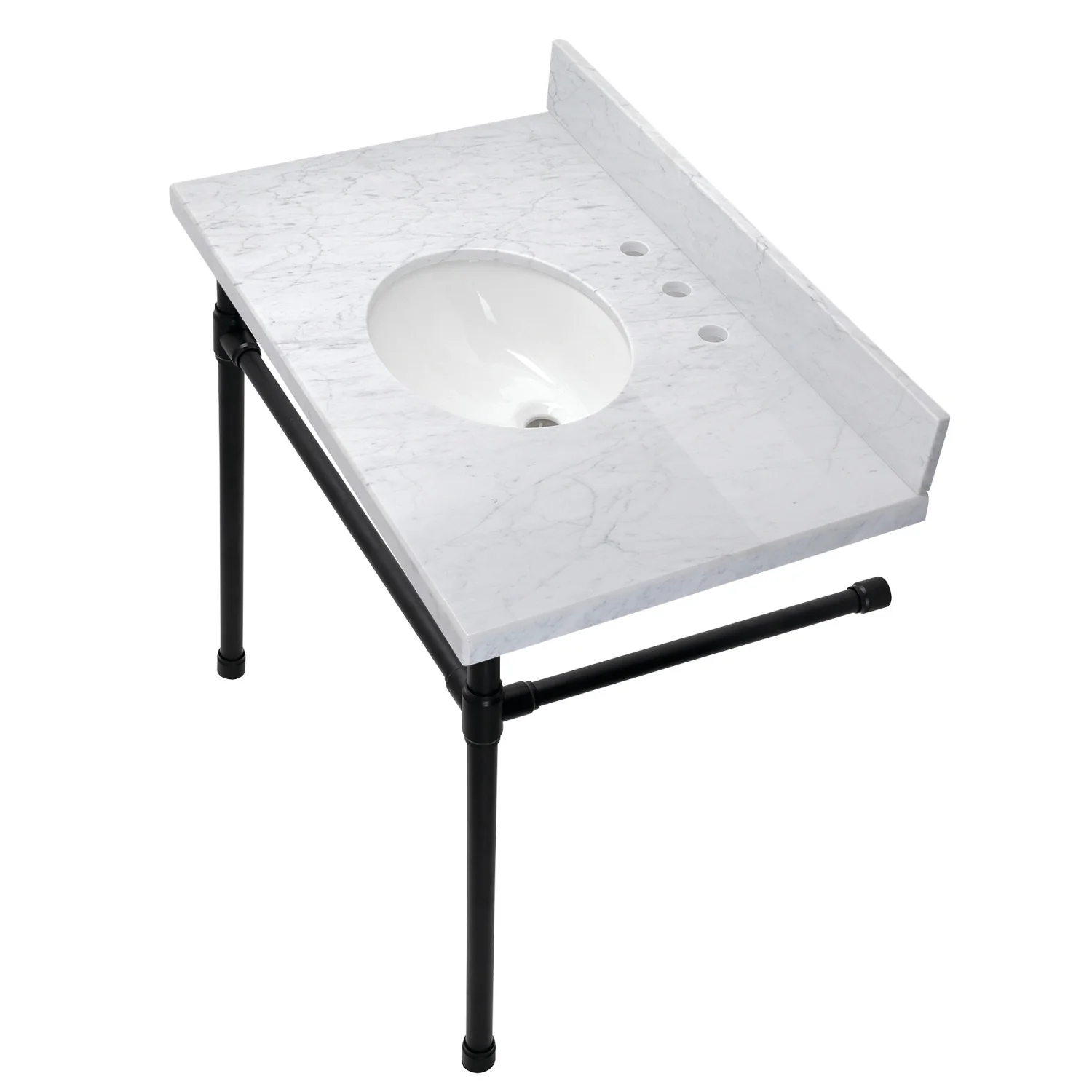 Kingston Tulare KVPB36M80ST - Dreyfuss 36-Inch Carrara Marble Vanity Top with Stainless Steel Legs (8-Inch, 3-Hole), Carrara Marble White/Matte Black