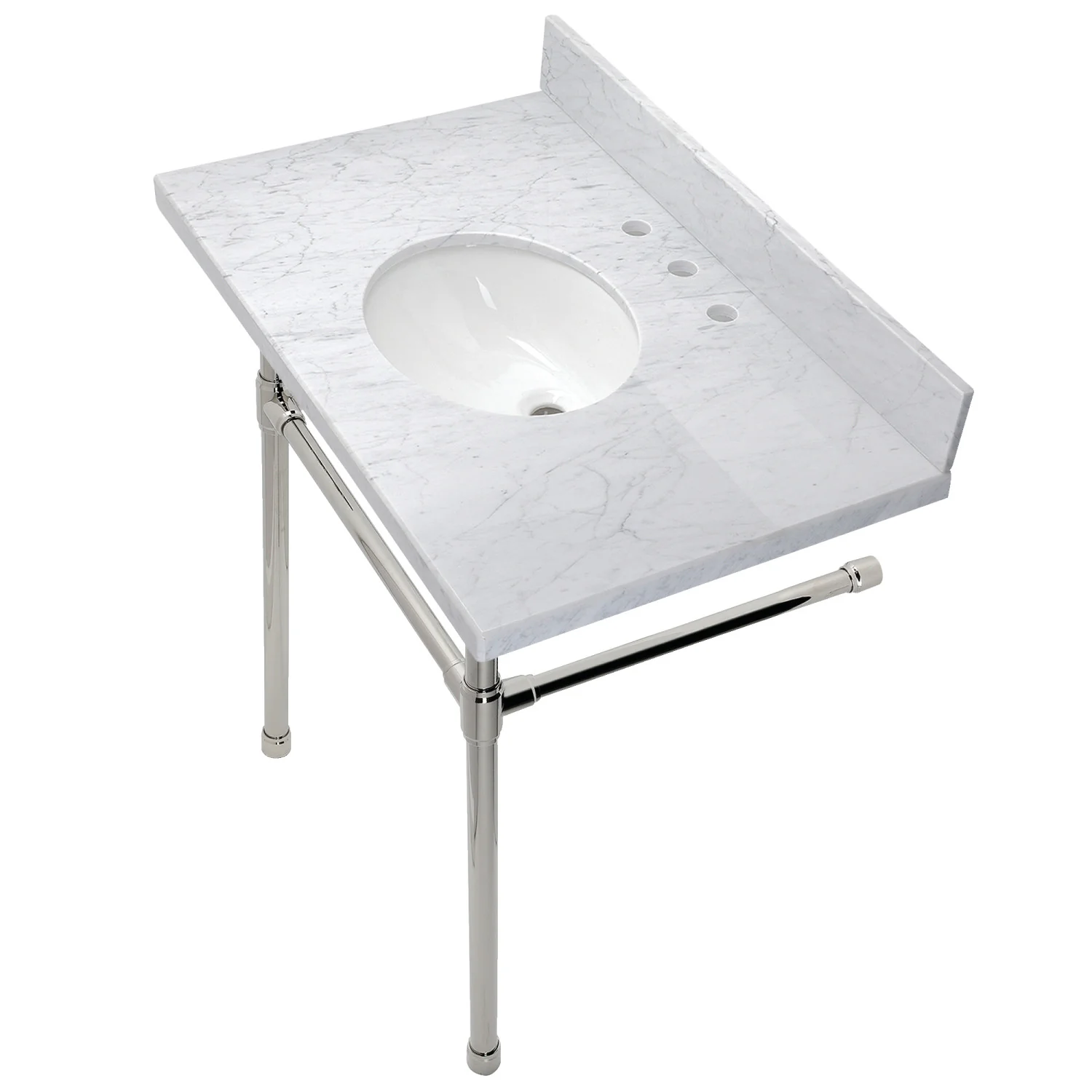 Kingston Tulare KVPB36M86ST - Dreyfuss 36-Inch Carrara Marble Vanity Top with Stainless Steel Legs (8-Inch, 3-Hole), Carrara Marble White/Polished Nickel