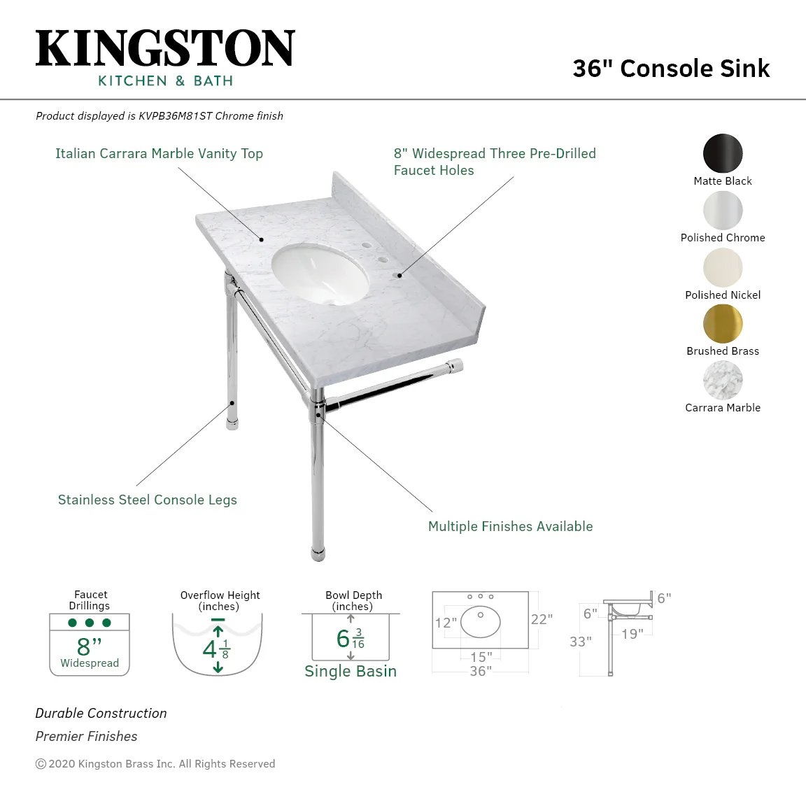 Kingston Tulare KVPB36M86ST - Dreyfuss 36-Inch Carrara Marble Vanity Top with Stainless Steel Legs (8-Inch, 3-Hole), Carrara Marble White/Polished Nickel - Image 2