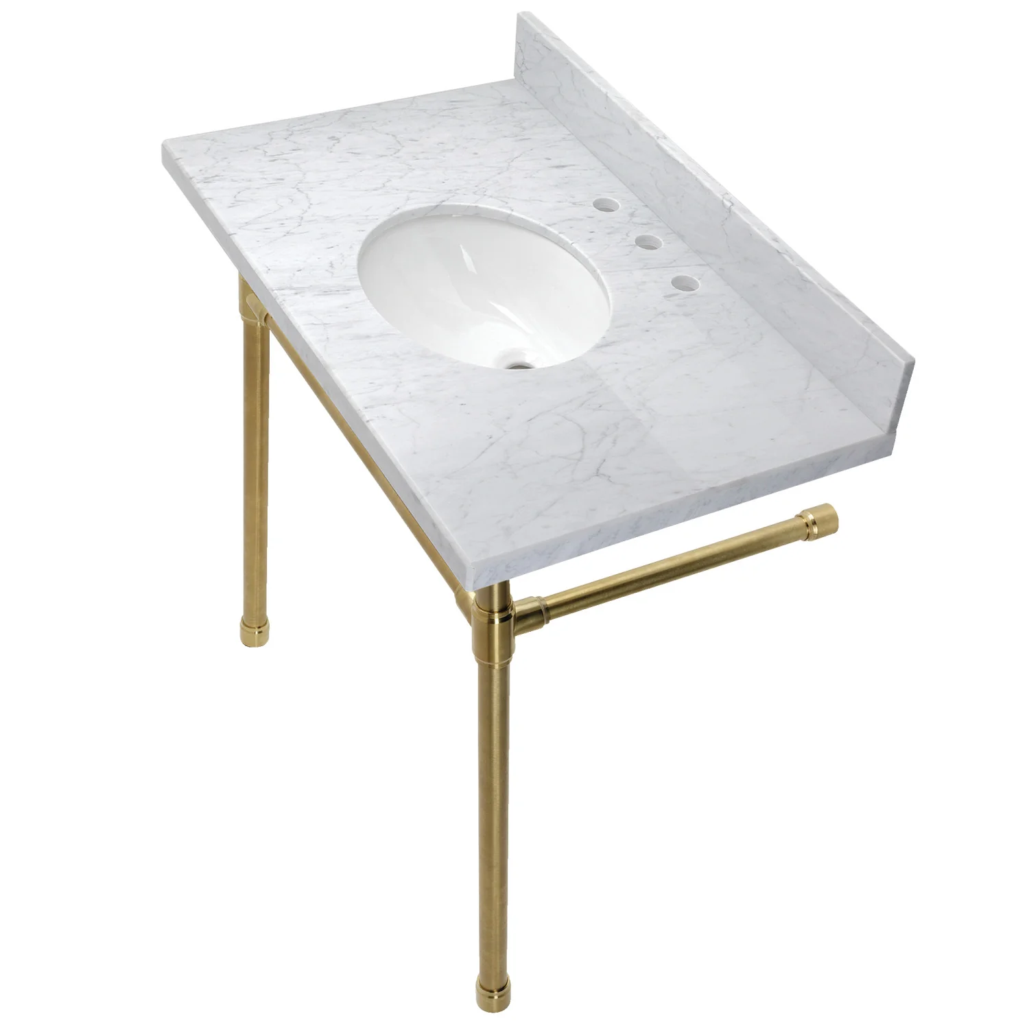 Kingston Tulare KVPB36M87ST - Dreyfuss 36-Inch Carrara Marble Vanity Top with Stainless Steel Legs (8-Inch, 3-Hole), Carrara Marble White/Brushed Brass