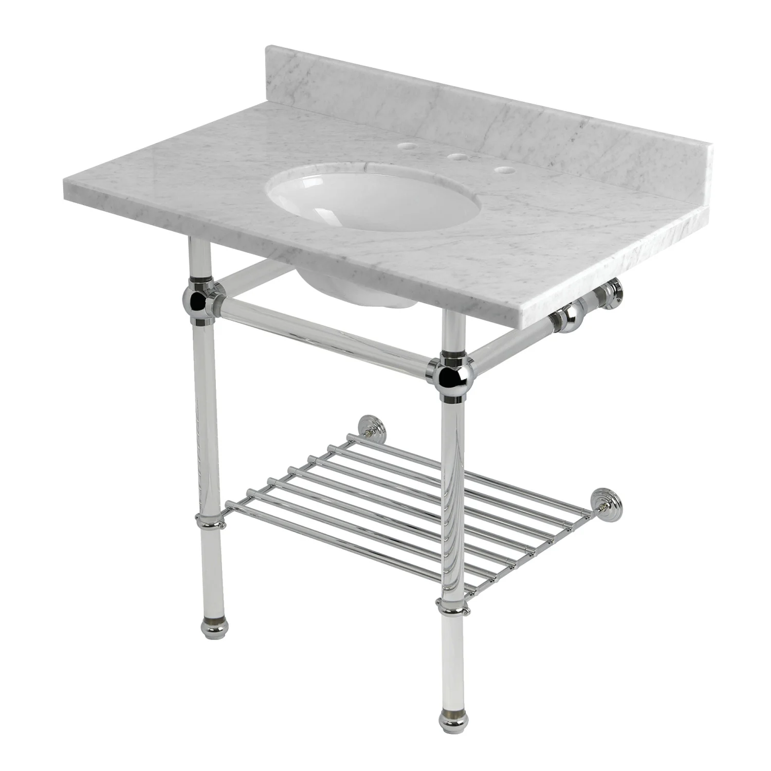 Kingston Tulare KVPB36MAB1 - Templeton 36-Inch Carrara Marble Console Sink with Acrylic Legs and Shelf (8-Inch, 3-Hole), Carrara Marble White/Polished Chrome