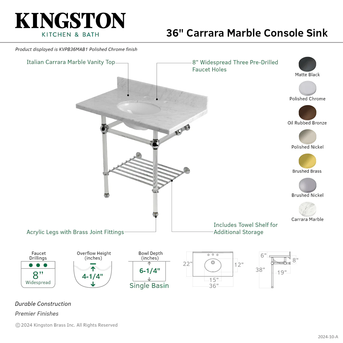 Kingston Tulare KVPB36MAB8 - Templeton 36-Inch Carrara Marble Console Sink with Acrylic Legs and Shelf (8-Inch, 3-Hole), Carrara Marble White/Brushed Nickel - Image 2