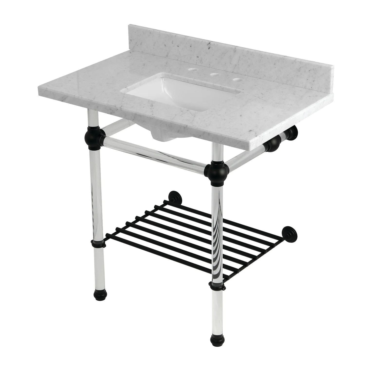 Kingston Tulare KVPB36MASQB0 - Templeton 36-Inch Carrara Marble Console Sink with Acrylic Legs and Shelf (8-Inch, 3-Hole), Carrara Marble White/Matte Black