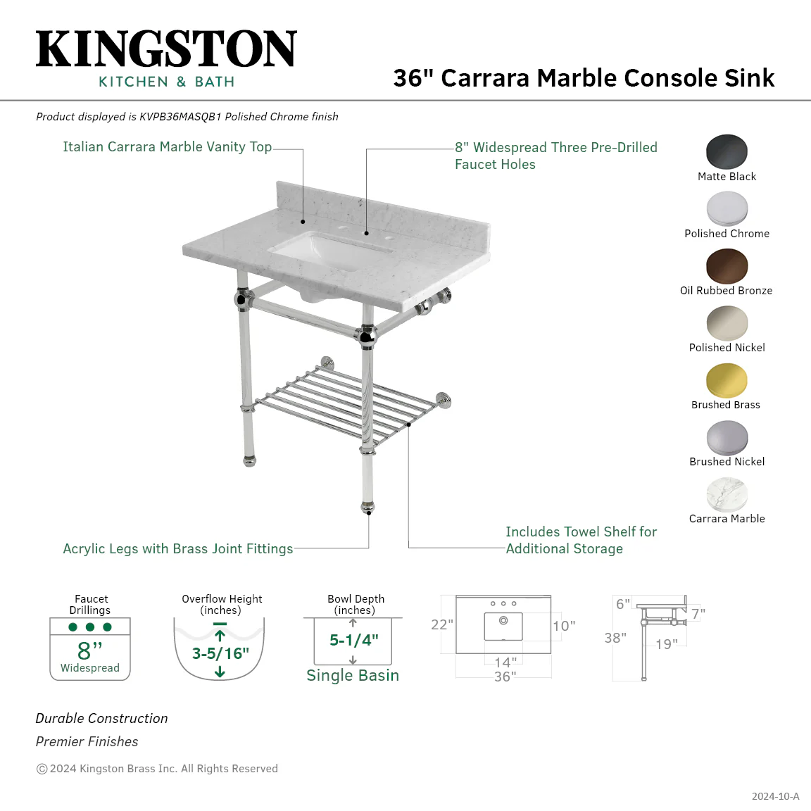 Kingston Tulare KVPB36MASQB0 - Templeton 36-Inch Carrara Marble Console Sink with Acrylic Legs and Shelf (8-Inch, 3-Hole), Carrara Marble White/Matte Black - Image 2