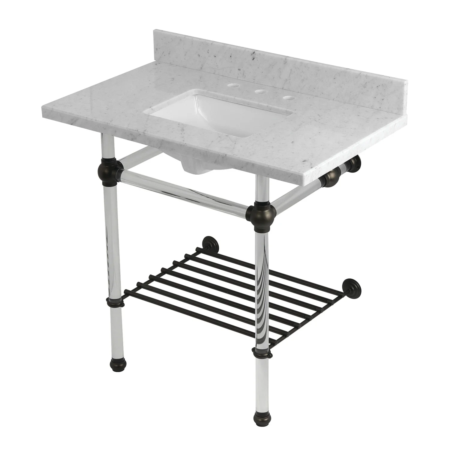 Kingston Tulare KVPB36MASQB5 - Templeton 36-Inch Carrara Marble Console Sink with Acrylic Legs and Shelf (8-Inch, 3-Hole), Carrara Marble White/Oil Rubbed Bronze