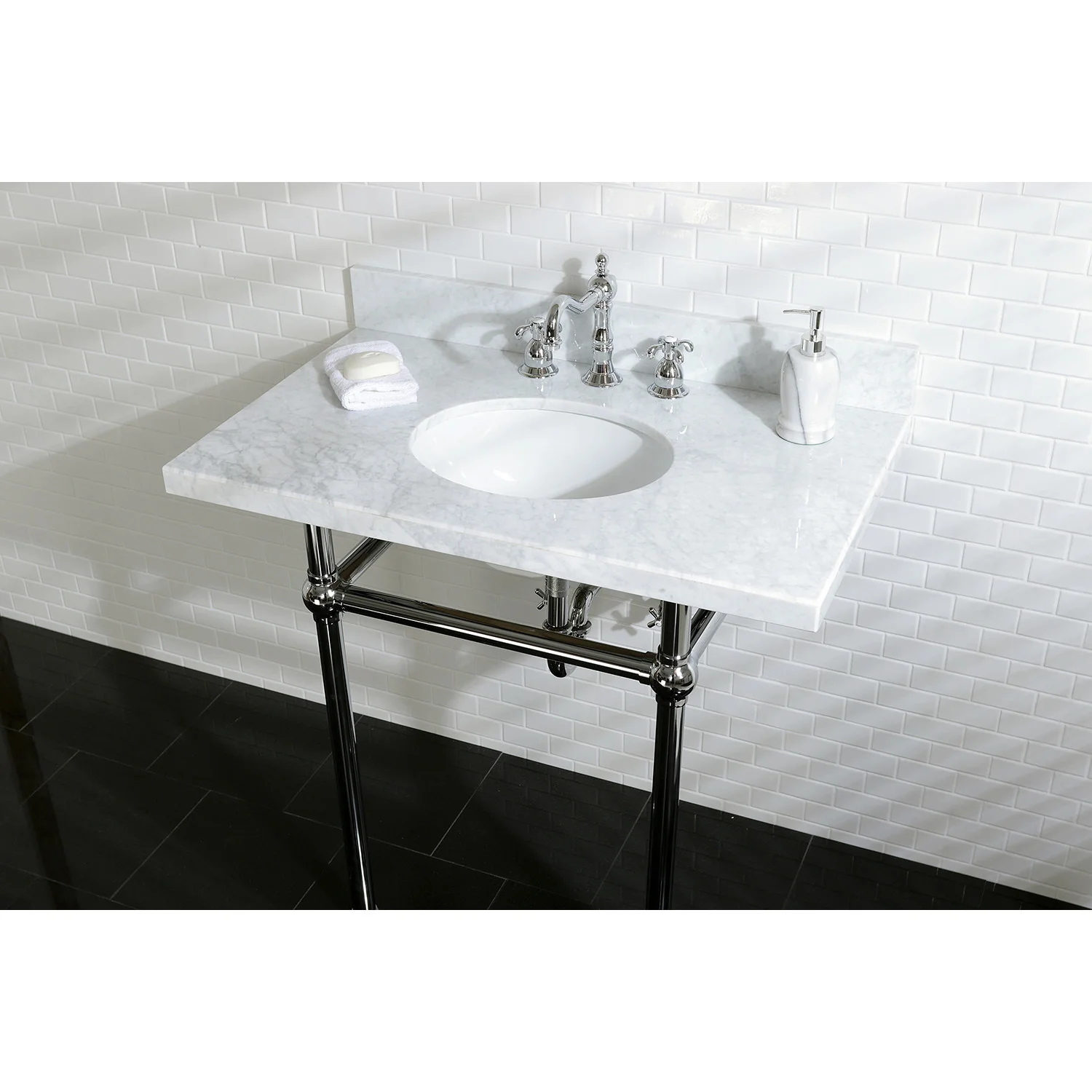 Kingston Heirloom KVPB36MB1 - Templeton 36-Inch Carrara Marble Vanity Top with Brass Legs (8-Inch, 3-Hole), Carrara Marble White/Polished Chrome