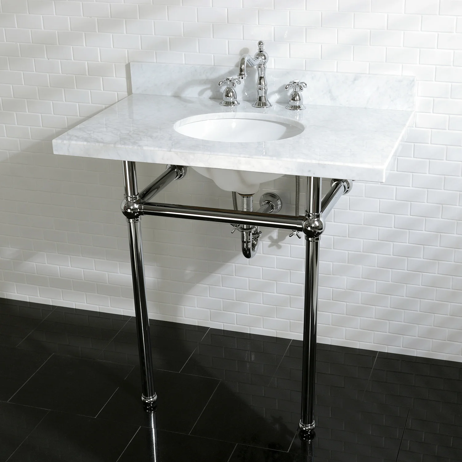 Kingston Heirloom KVPB36MB1 - Templeton 36-Inch Carrara Marble Vanity Top with Brass Legs (8-Inch, 3-Hole), Carrara Marble White/Polished Chrome - Image 2