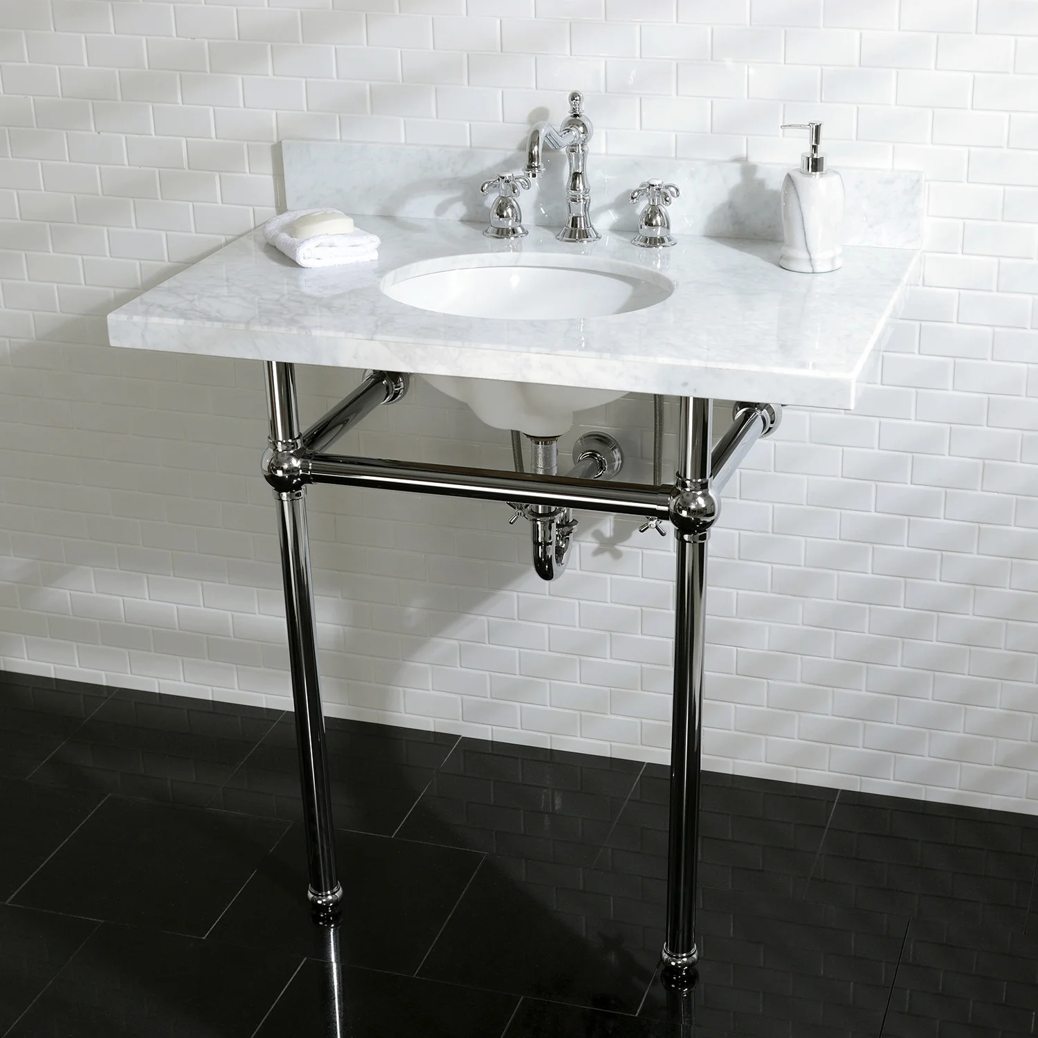 Kingston Heirloom KVPB36MB1 - Templeton 36-Inch Carrara Marble Vanity Top with Brass Legs (8-Inch, 3-Hole), Carrara Marble White/Polished Chrome - Image 3