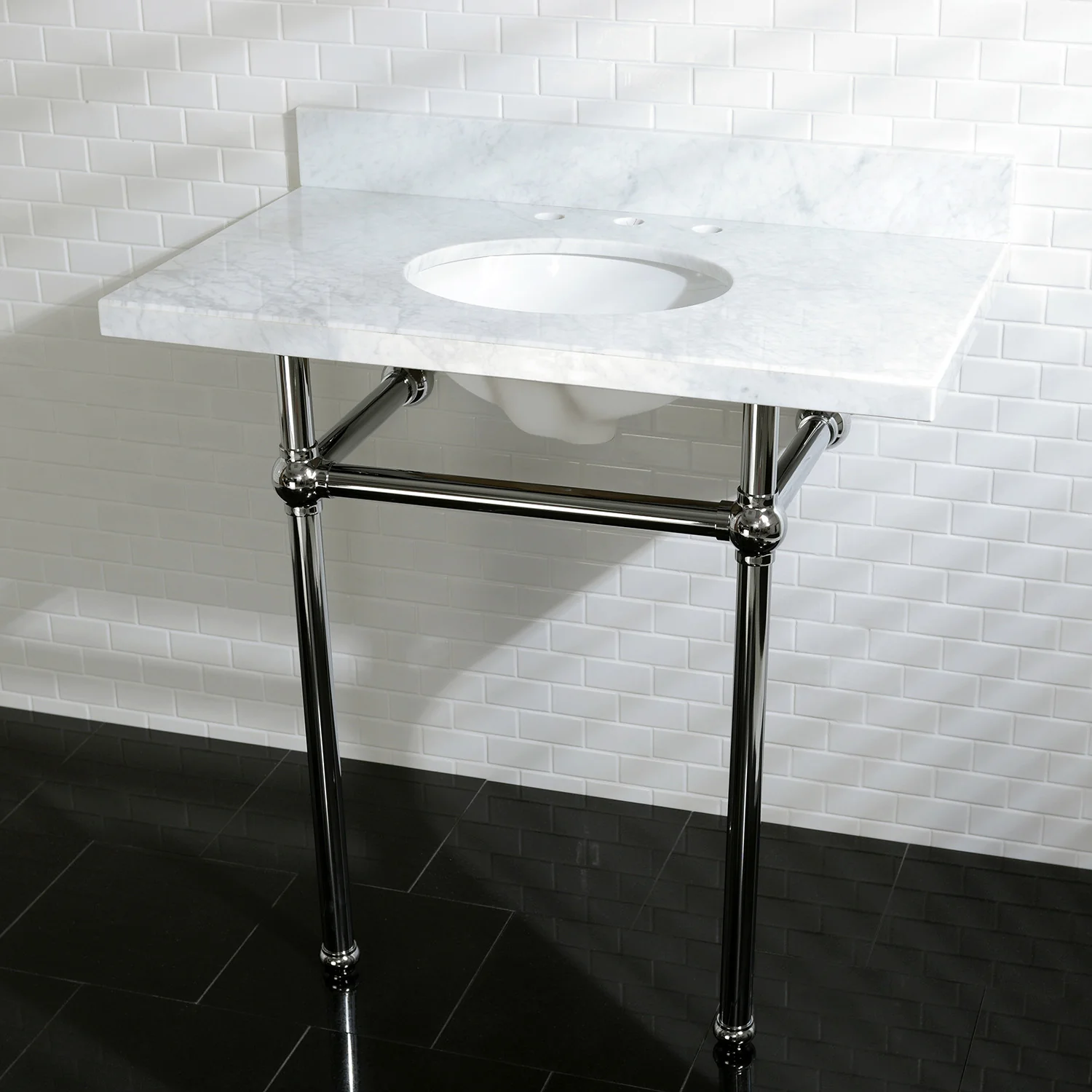 Kingston Heirloom KVPB36MB1 - Templeton 36-Inch Carrara Marble Vanity Top with Brass Legs (8-Inch, 3-Hole), Carrara Marble White/Polished Chrome - Image 5