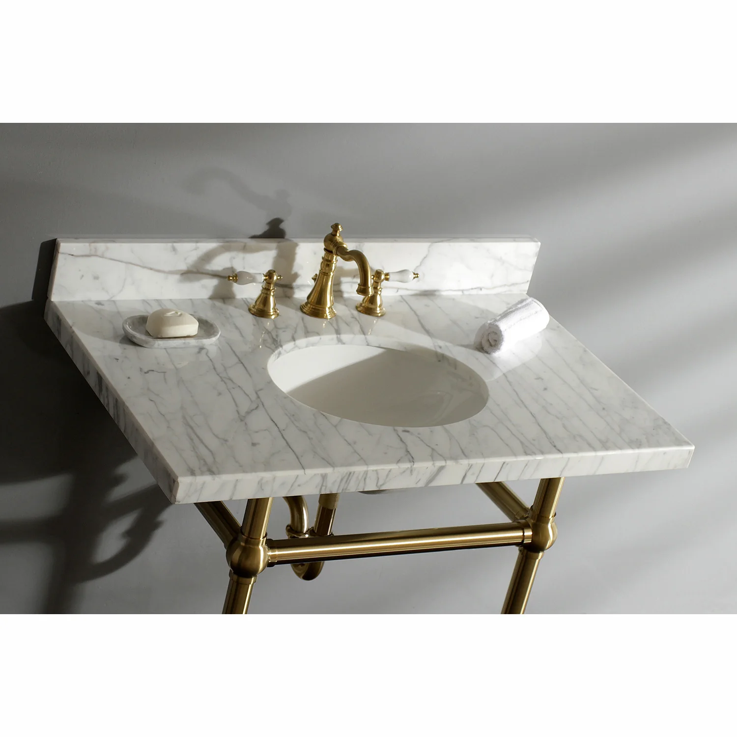 Kingston Heirloom KVPB36MB7 - Templeton 36-Inch Carrara Marble Vanity Top with Brass Legs (8-Inch, 3-Hole), Carrara Marble White/Brushed Brass
