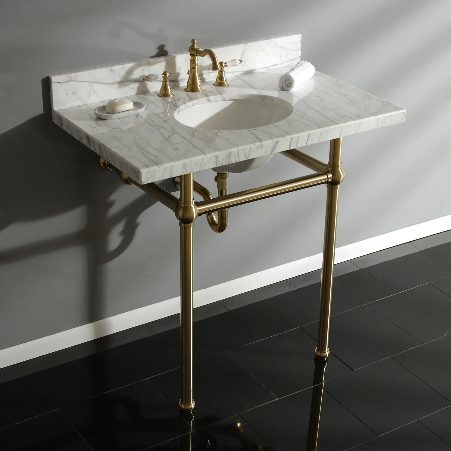 Kingston Heirloom KVPB36MB7 - Templeton 36-Inch Carrara Marble Vanity Top with Brass Legs (8-Inch, 3-Hole), Carrara Marble White/Brushed Brass - Image 2