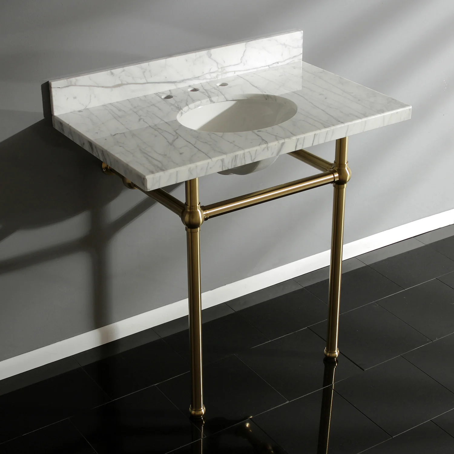 Kingston Heirloom KVPB36MB7 - Templeton 36-Inch Carrara Marble Vanity Top with Brass Legs (8-Inch, 3-Hole), Carrara Marble White/Brushed Brass - Image 3