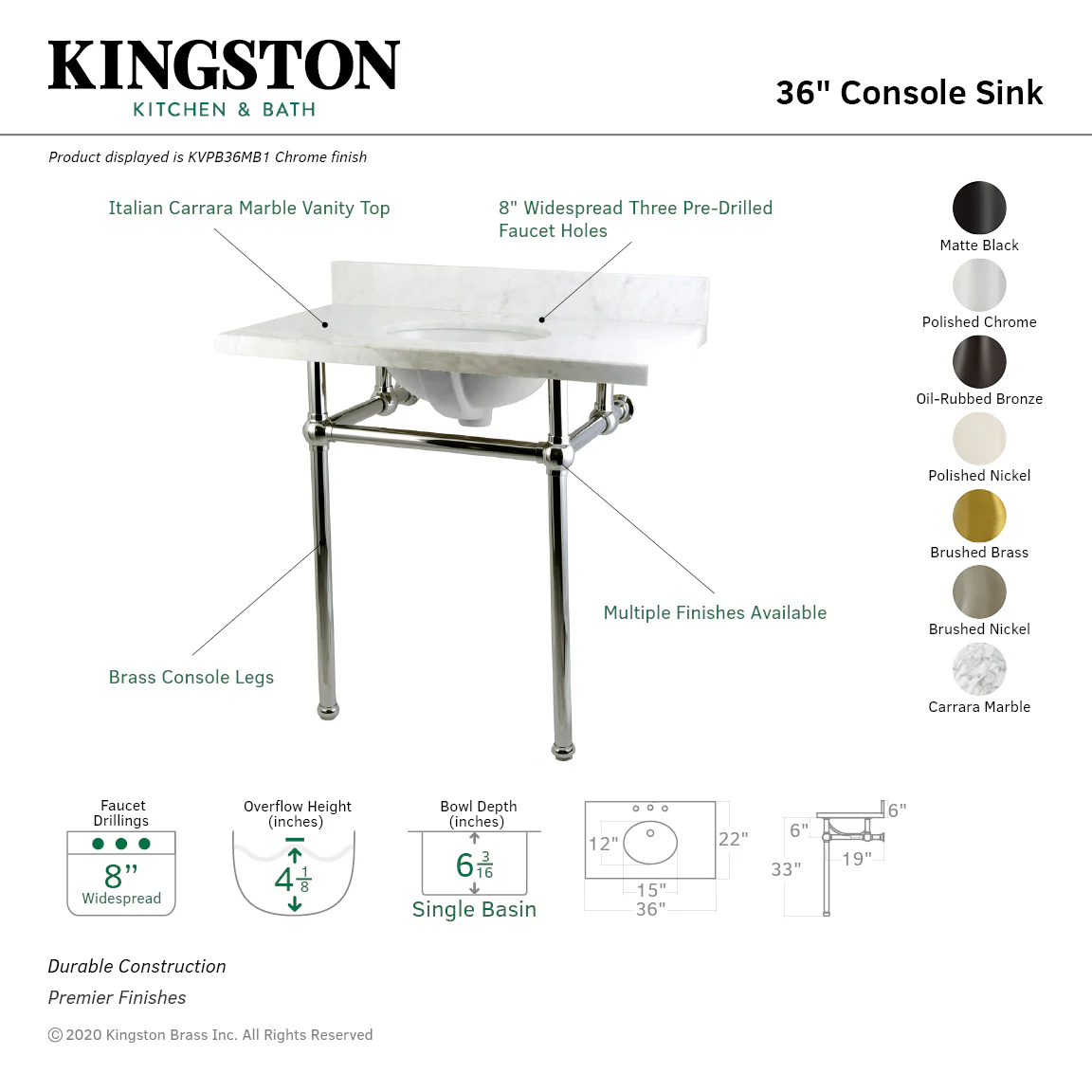 Kingston Heirloom KVPB36MB7 - Templeton 36-Inch Carrara Marble Vanity Top with Brass Legs (8-Inch, 3-Hole), Carrara Marble White/Brushed Brass - Image 5