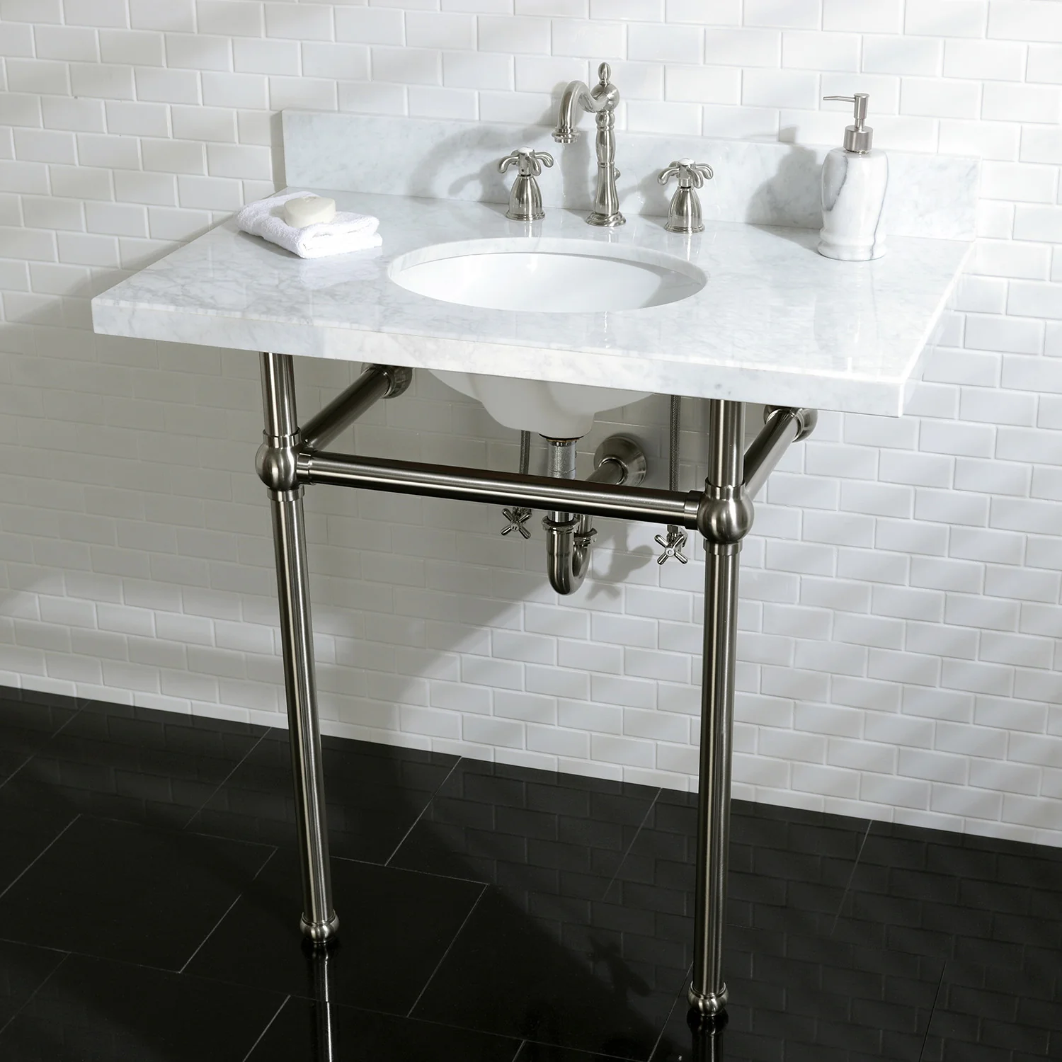 Kingston Heirloom KVPB36MB8 - Templeton 36-Inch Carrara Marble Vanity Top with Brass Legs (8-Inch, 3-Hole), Carrara Marble White/Brushed Nickel - Image 2
