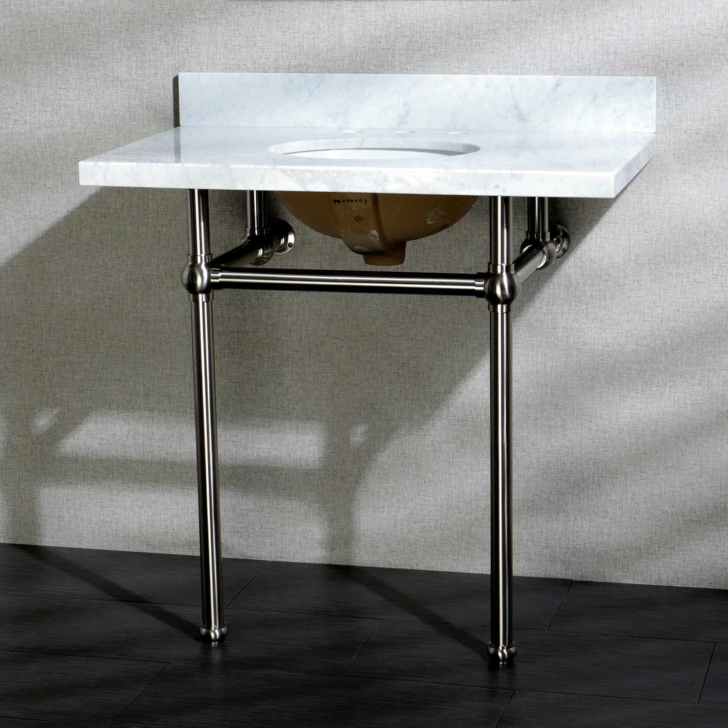 Kingston Heirloom KVPB36MB8 - Templeton 36-Inch Carrara Marble Vanity Top with Brass Legs (8-Inch, 3-Hole), Carrara Marble White/Brushed Nickel - Image 3