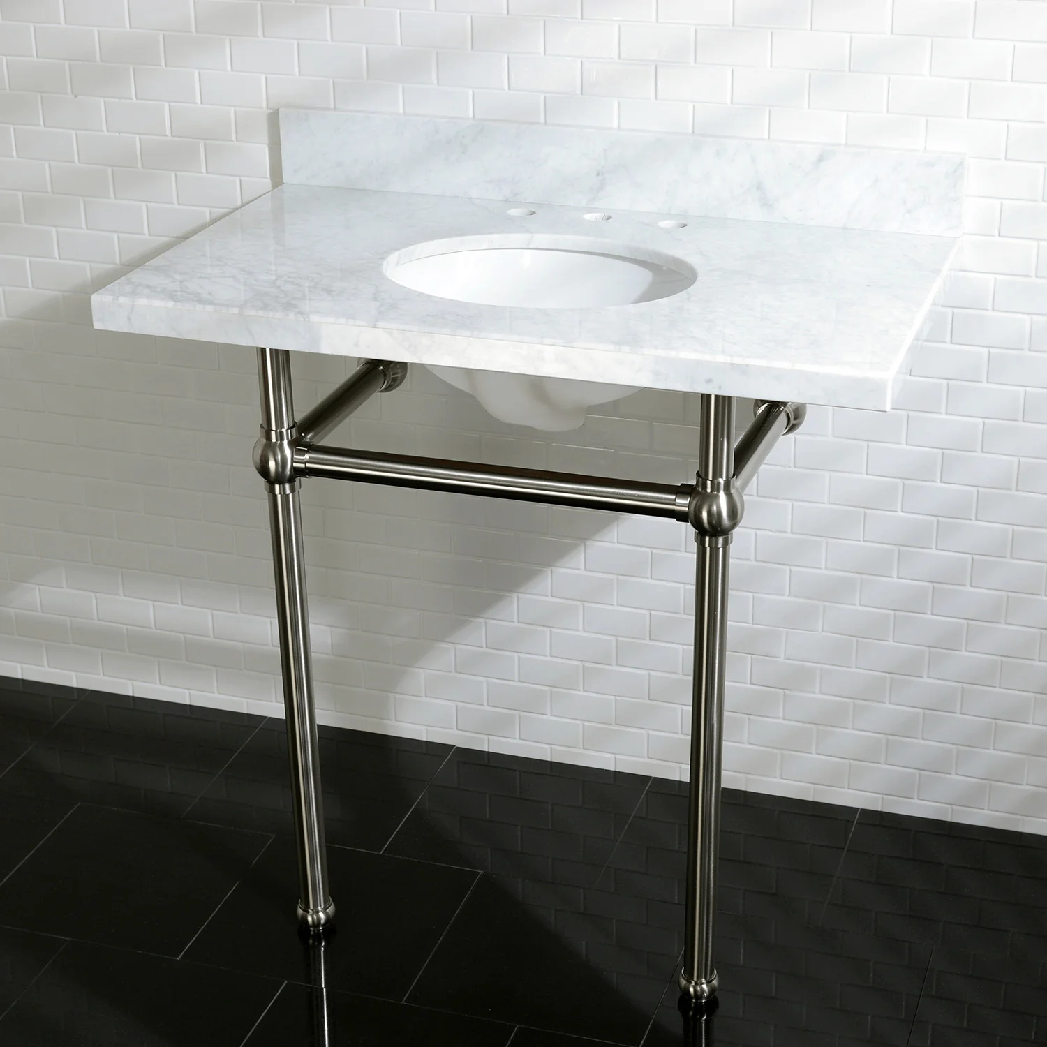 Kingston Heirloom KVPB36MB8 - Templeton 36-Inch Carrara Marble Vanity Top with Brass Legs (8-Inch, 3-Hole), Carrara Marble White/Brushed Nickel - Image 4