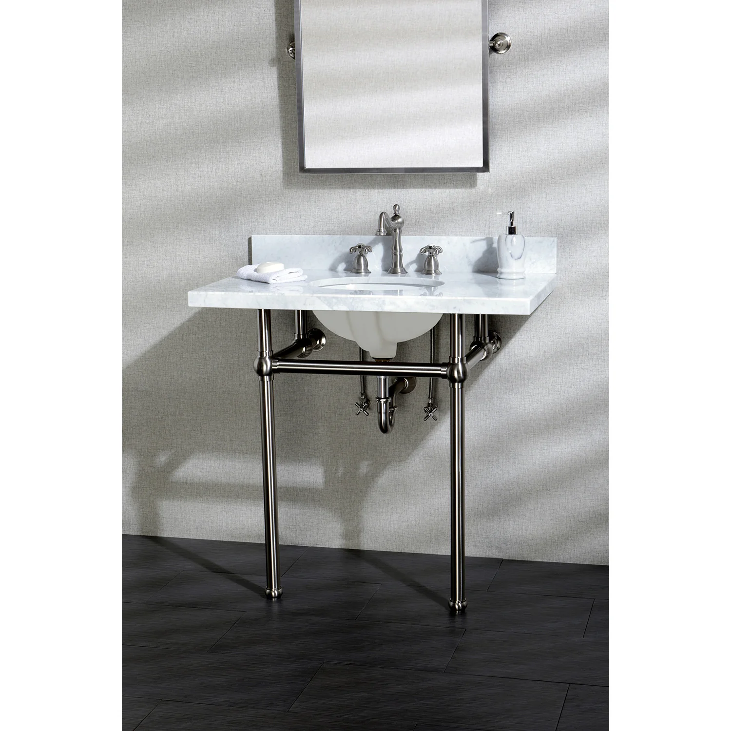 Kingston Heirloom KVPB36MB8 - Templeton 36-Inch Carrara Marble Vanity Top with Brass Legs (8-Inch, 3-Hole), Carrara Marble White/Brushed Nickel - Image 5
