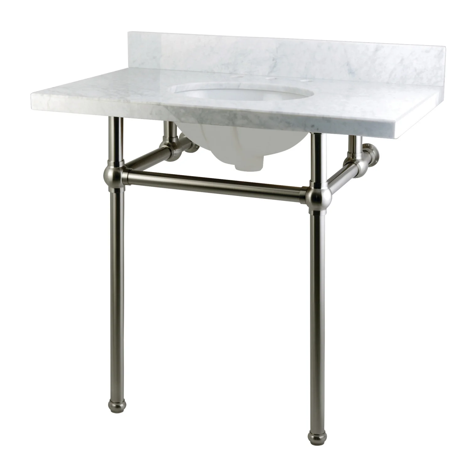 Kingston Heirloom KVPB36MB8 - Templeton 36-Inch Carrara Marble Vanity Top with Brass Legs (8-Inch, 3-Hole), Carrara Marble White/Brushed Nickel - Image 6