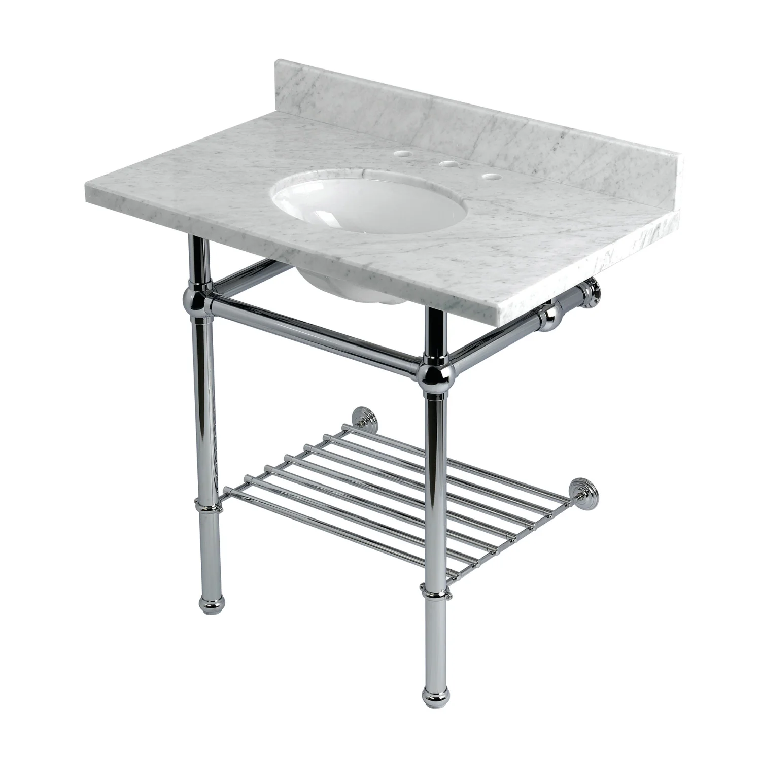 Kingston Heirloom KVPB36MBB1 - Templeton 36-Inch Carrara Marble Console Sink with Brass Legs and Shelf (8-Inch, 3-Hole), Carrara Marble White/Polished Chrome