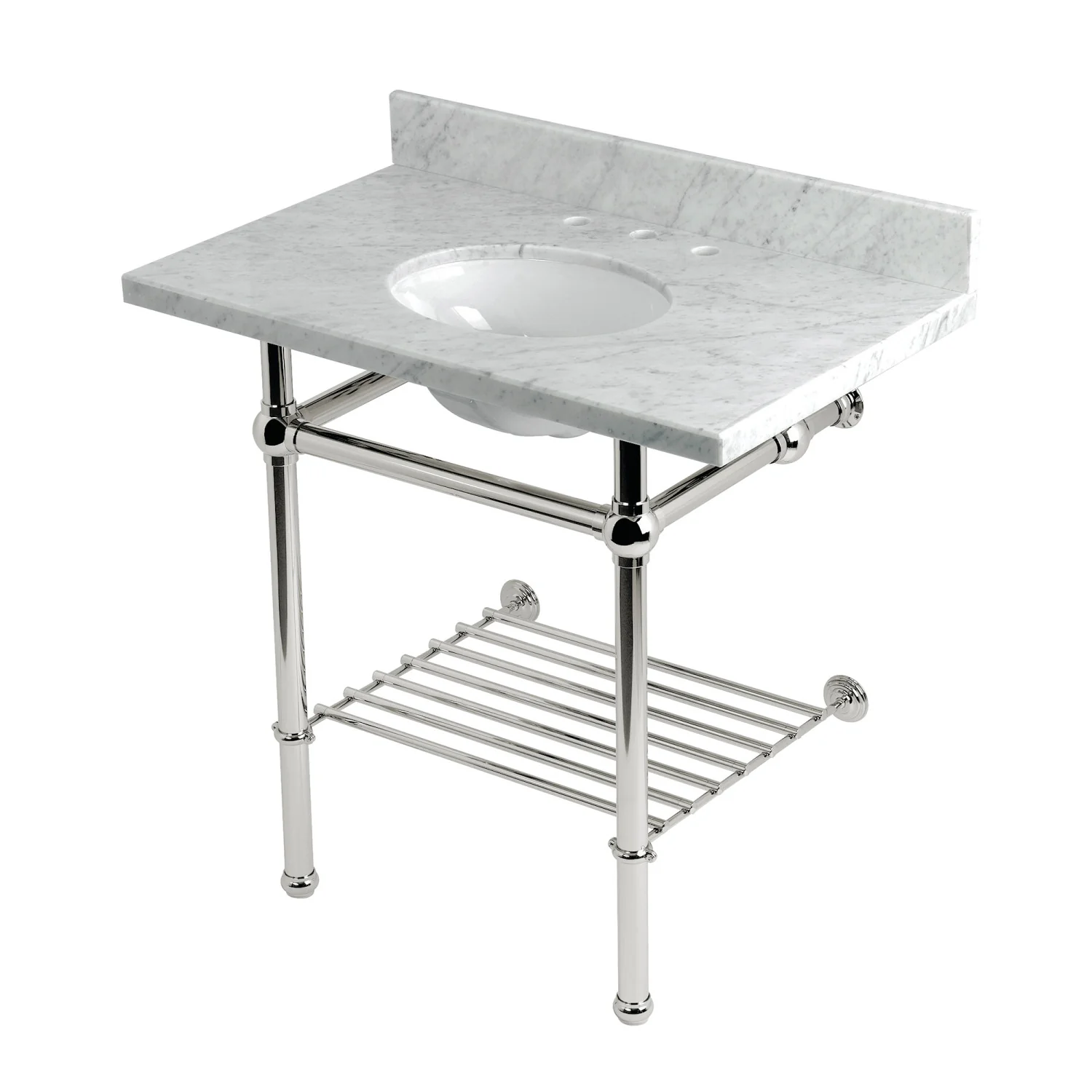 Kingston Heirloom KVPB36MBB6 - Templeton 36-Inch Carrara Marble Console Sink with Brass Legs and Shelf (8-Inch, 3-Hole), Carrara Marble White/Polished Nickel