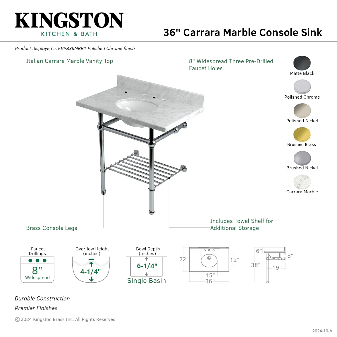 Kingston Heirloom KVPB36MBB8 - Templeton 36-Inch Carrara Marble Console Sink with Brass Legs and Shelf (8-Inch, 3-Hole), Carrara Marble White/Brushed Nickel - Image 2