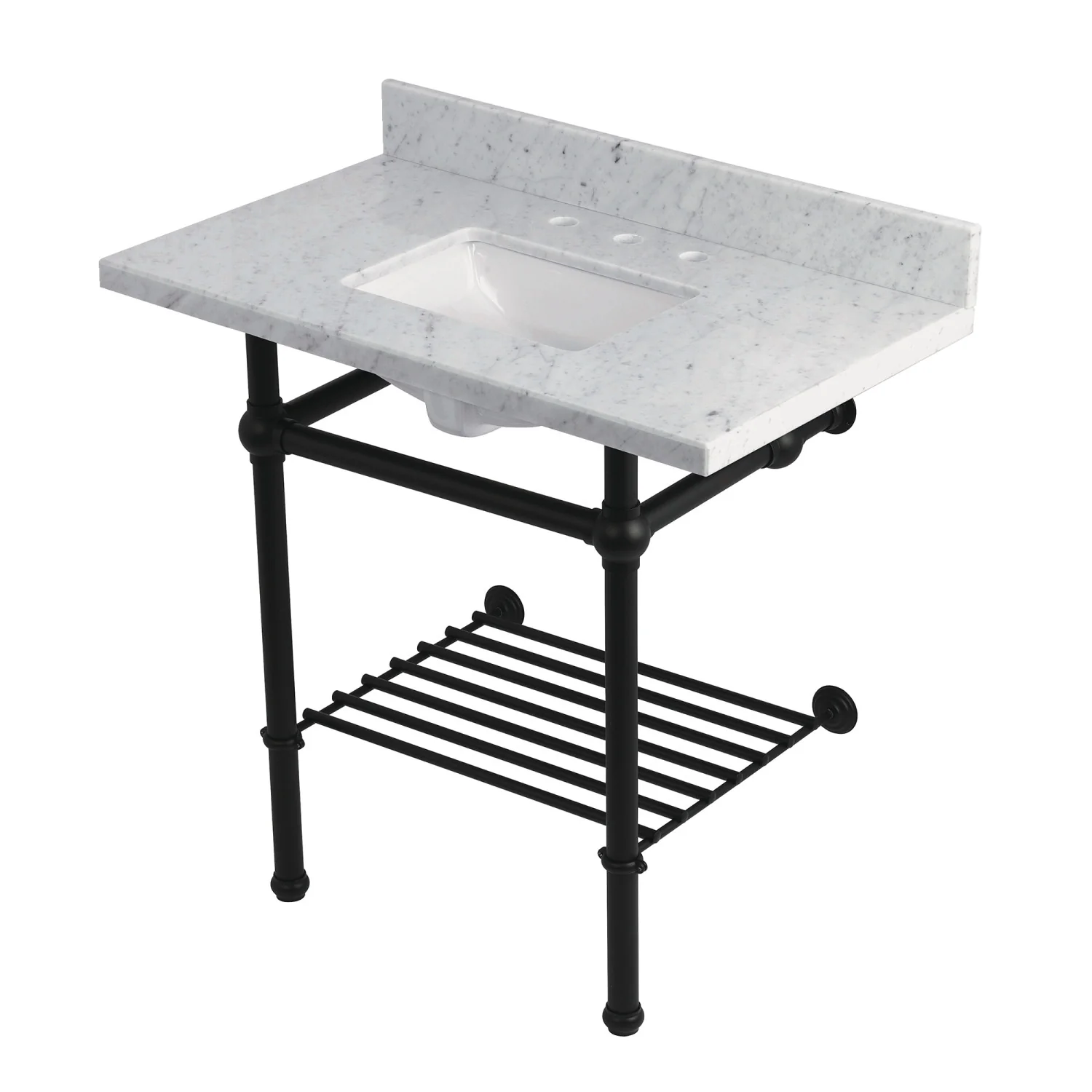Kingston Heirloom KVPB36MBSQB0 - Templeton 36-Inch Carrara Marble Console Sink with Brass Legs and Shelf (8-Inch, 3-Hole), Carrara Marble White/Matte Black
