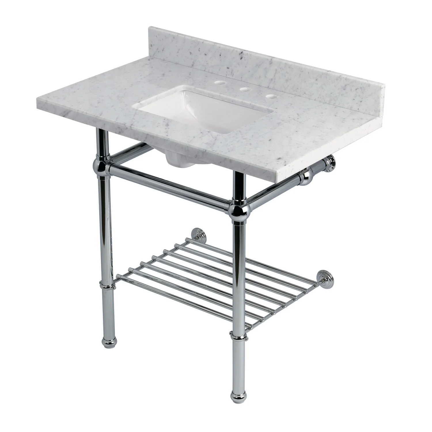 Kingston Heirloom KVPB36MBSQB1 - Templeton 36-Inch Carrara Marble Console Sink with Brass Legs and Shelf (8-Inch, 3-Hole), Carrara Marble White/Polished Chrome