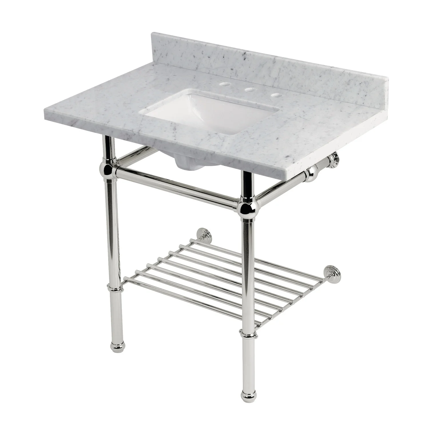 Kingston Heirloom KVPB36MBSQB6 - Templeton 36-Inch Carrara Marble Console Sink with Brass Legs and Shelf (8-Inch, 3-Hole), Carrara Marble White/Polished Nickel