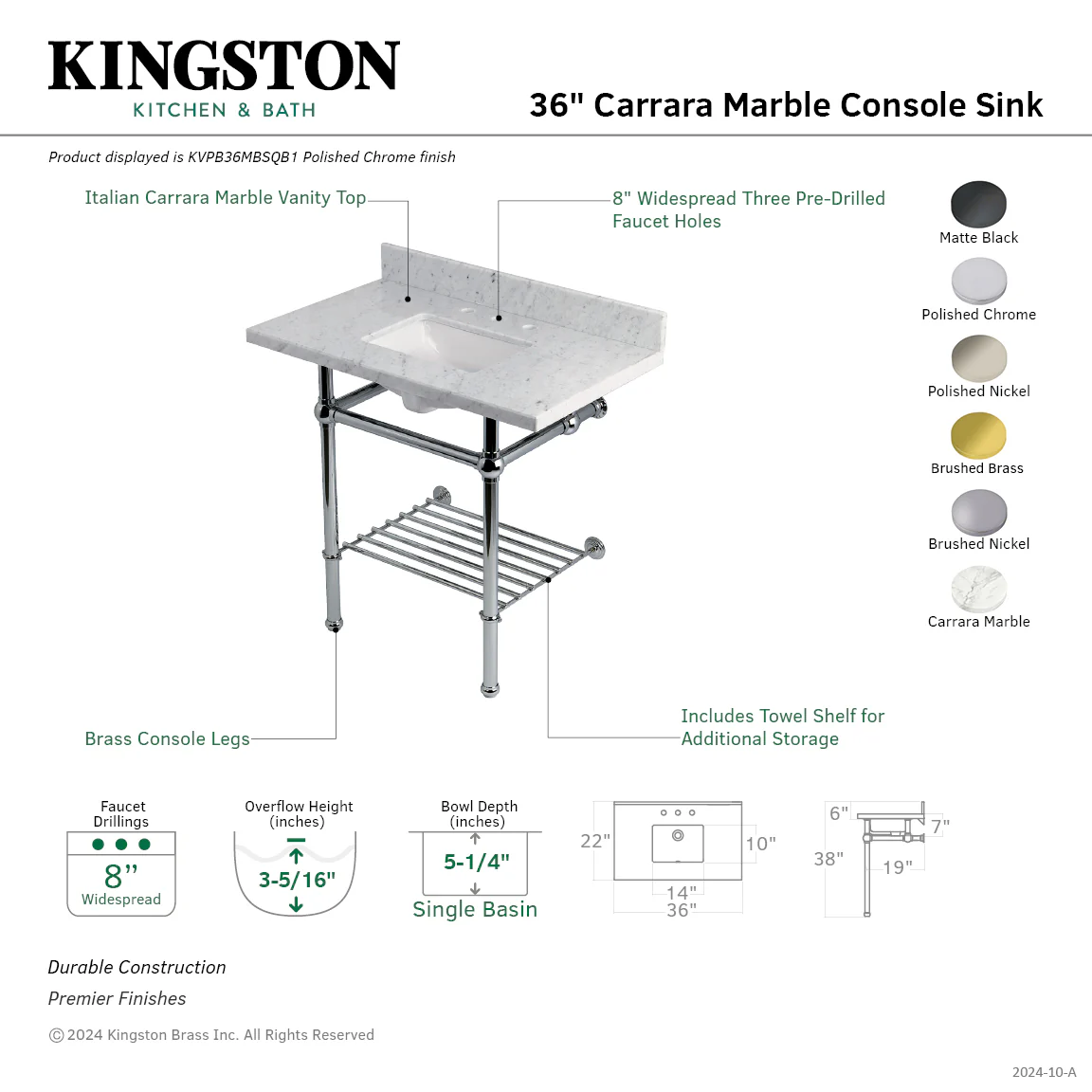 Kingston Heirloom KVPB36MBSQB6 - Templeton 36-Inch Carrara Marble Console Sink with Brass Legs and Shelf (8-Inch, 3-Hole), Carrara Marble White/Polished Nickel - Image 2