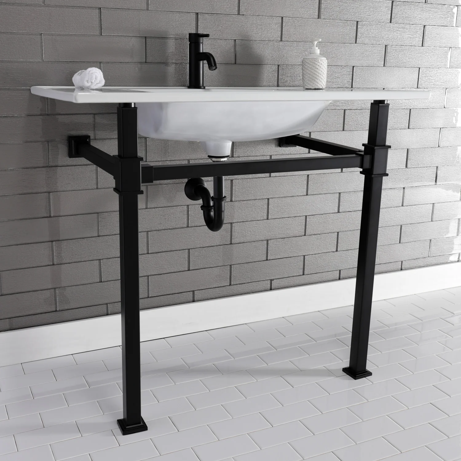 Kingston Sona KVPB37221Q0 - Monarch 37-Inch Ceramic Console Sink with Stainless Steel Legs (1-Hole), White/Matte Black