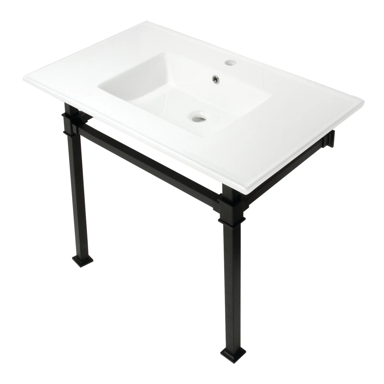 Kingston Sona KVPB37221Q0 - Monarch 37-Inch Ceramic Console Sink with Stainless Steel Legs (1-Hole), White/Matte Black - Image 4