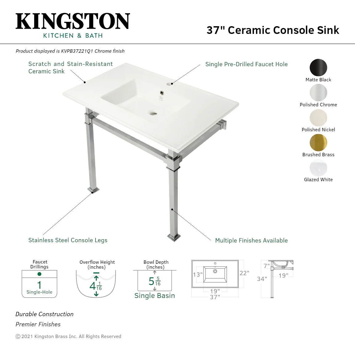 Kingston Sona KVPB37221Q0 - Monarch 37-Inch Ceramic Console Sink with Stainless Steel Legs (1-Hole), White/Matte Black - Image 5