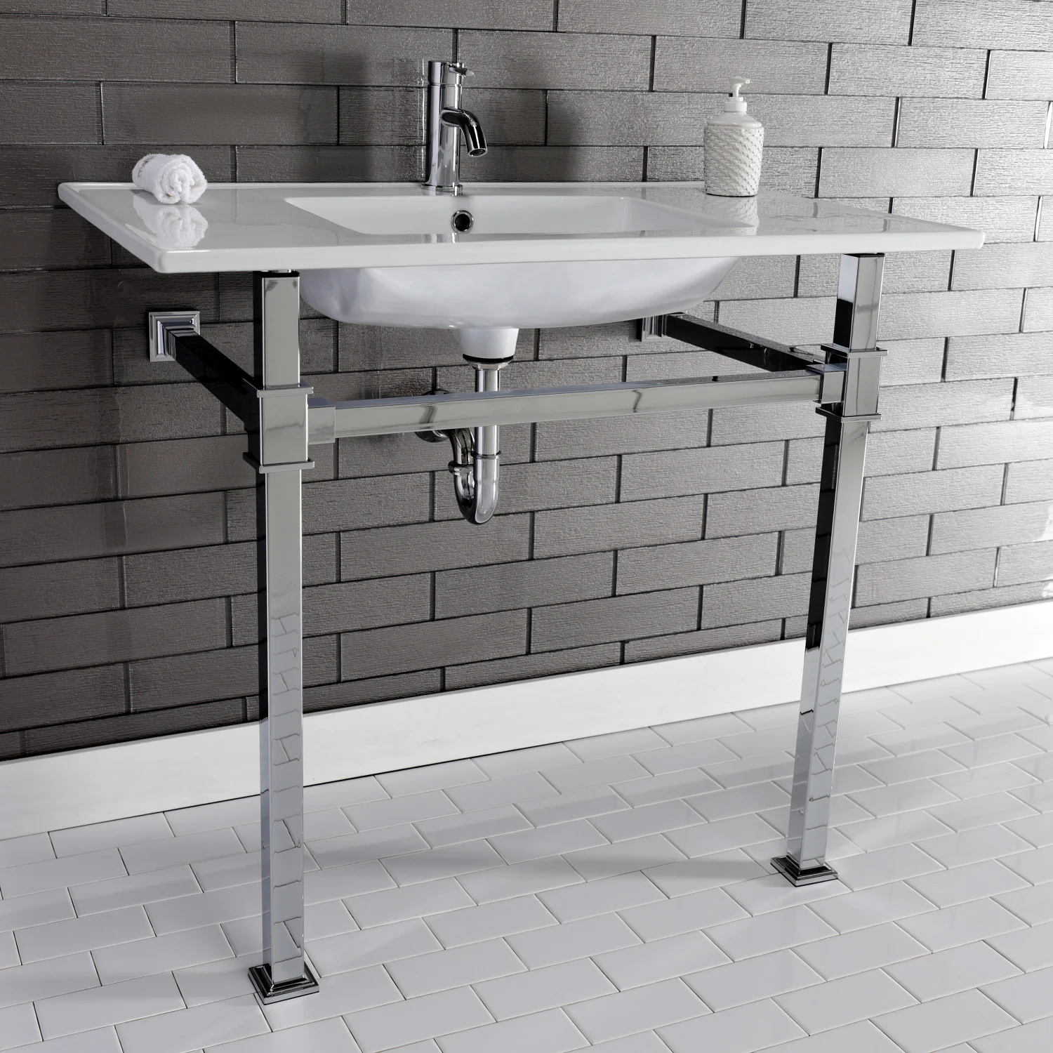 Kingston Sona KVPB37221Q1 - Monarch 37-Inch Ceramic Console Sink with Stainless Steel Legs (1-Hole), White/Polished Chrome