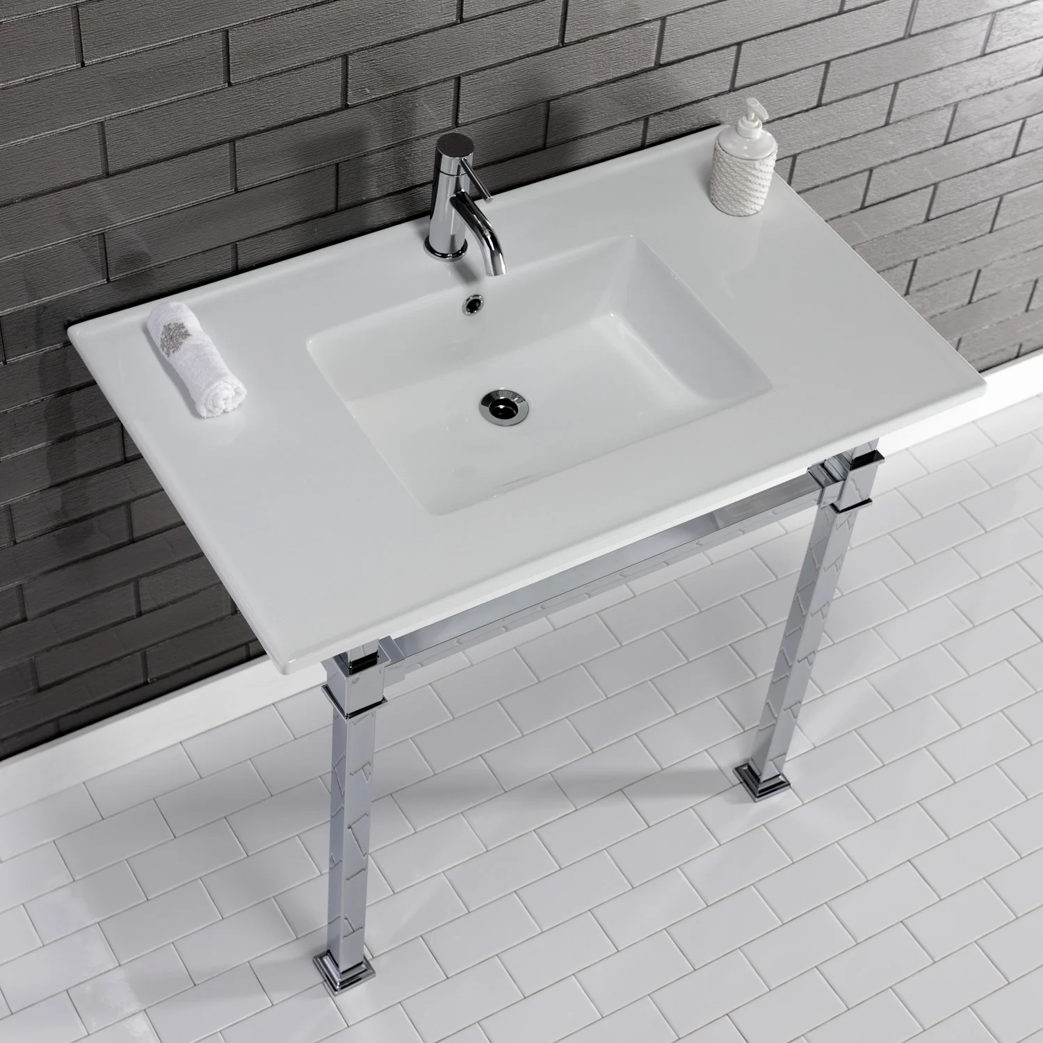 Kingston Sona KVPB37221Q1 - Monarch 37-Inch Ceramic Console Sink with Stainless Steel Legs (1-Hole), White/Polished Chrome - Image 2