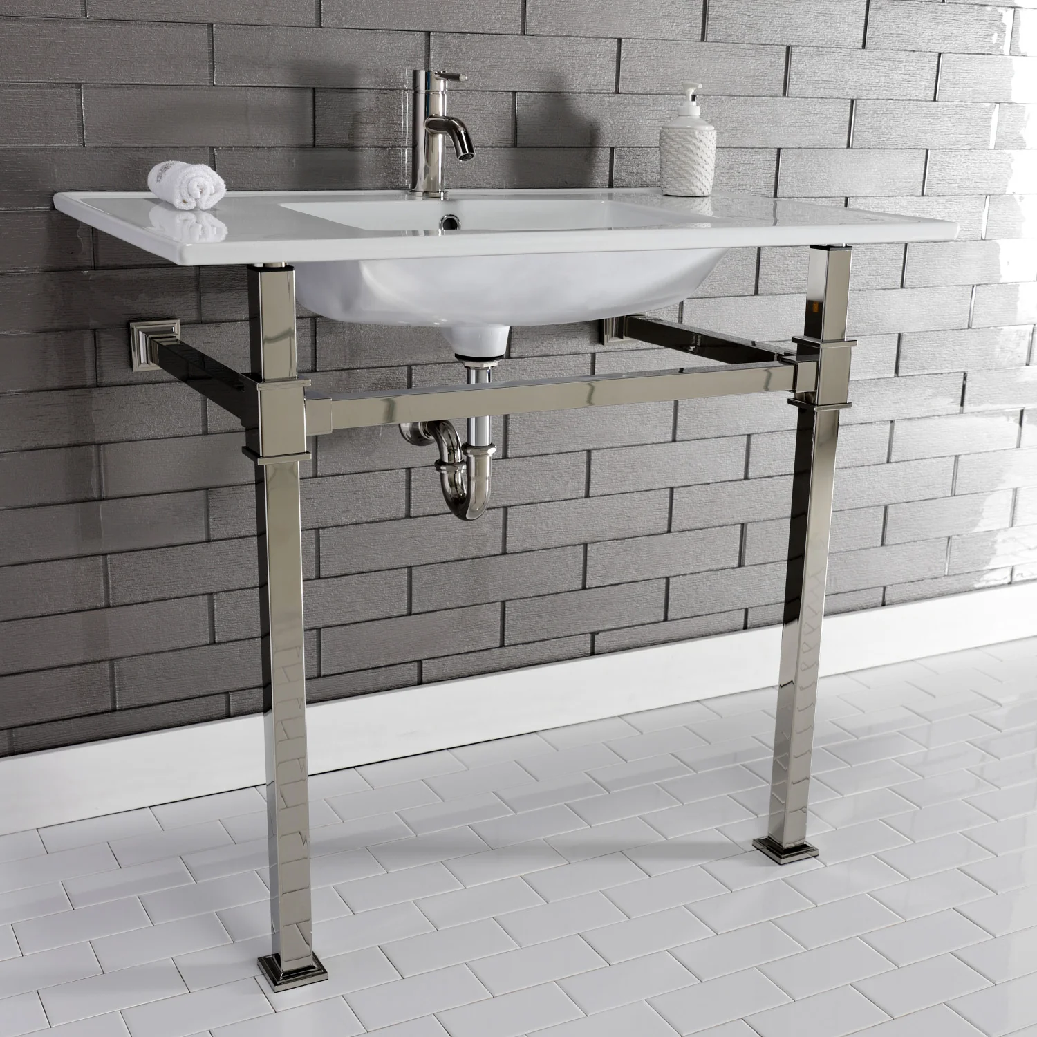 Kingston Sona KVPB37221Q6 - Monarch 37-Inch Ceramic Console Sink with Stainless Steel Legs (1-Hole), White/Polished Nickel