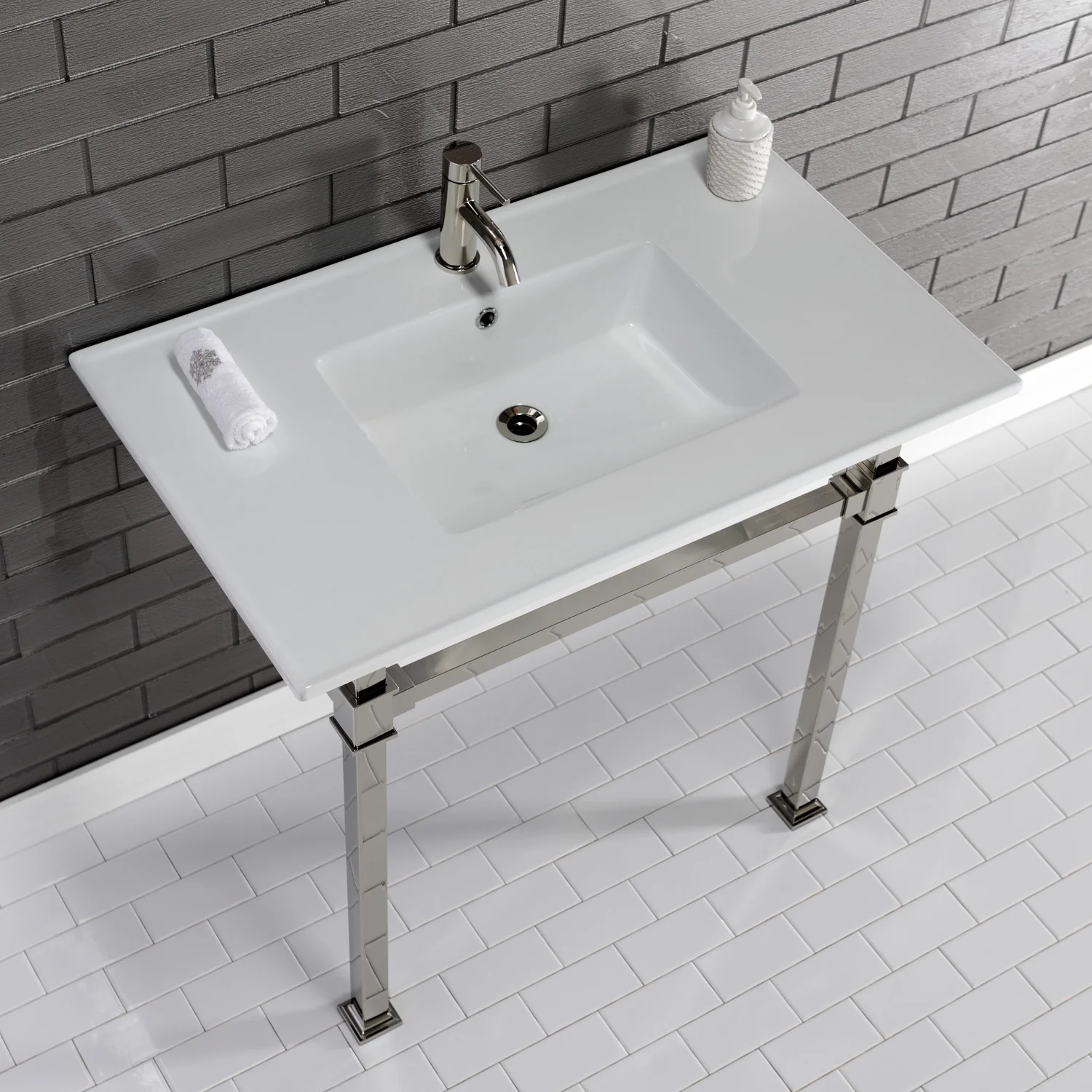 Kingston Sona KVPB37221Q6 - Monarch 37-Inch Ceramic Console Sink with Stainless Steel Legs (1-Hole), White/Polished Nickel - Image 2