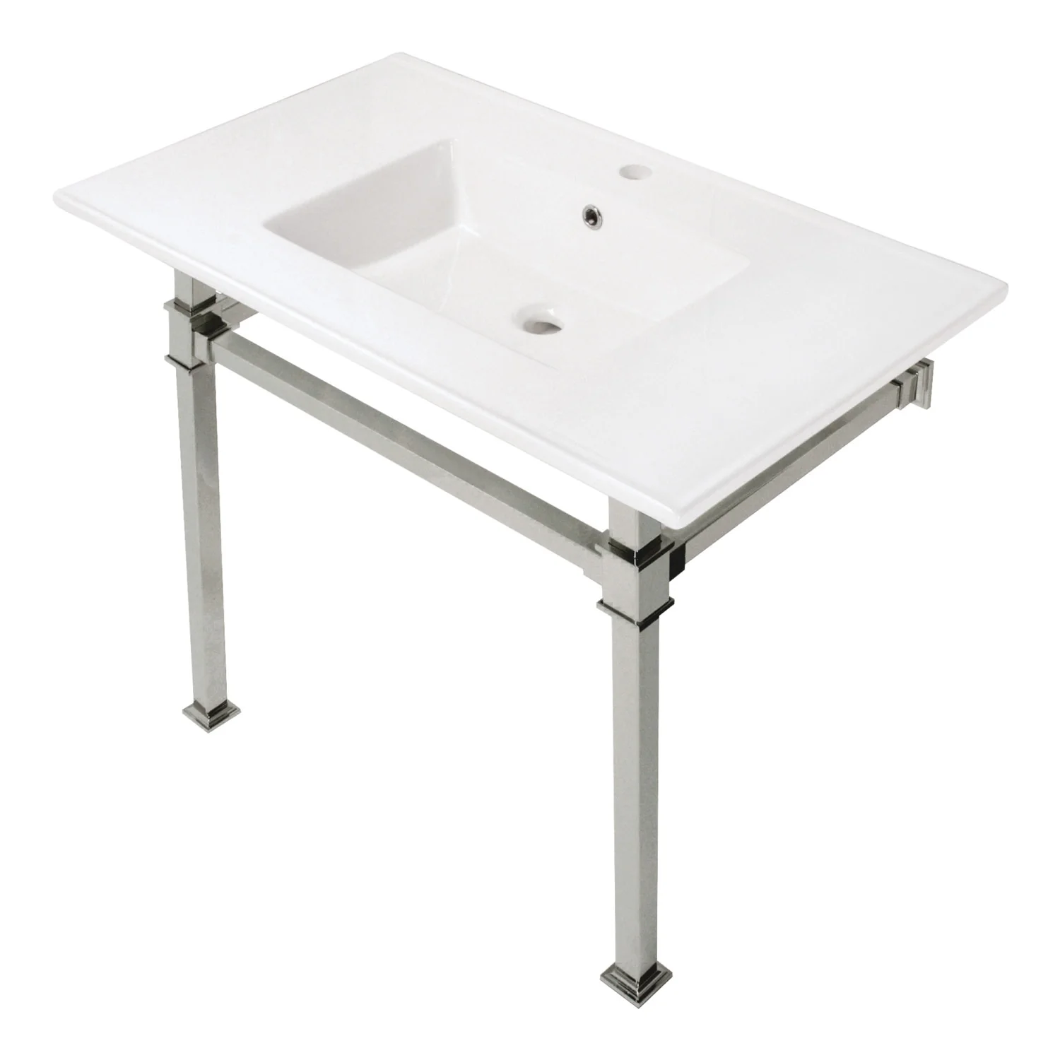 Kingston Sona KVPB37221Q6 - Monarch 37-Inch Ceramic Console Sink with Stainless Steel Legs (1-Hole), White/Polished Nickel - Image 4