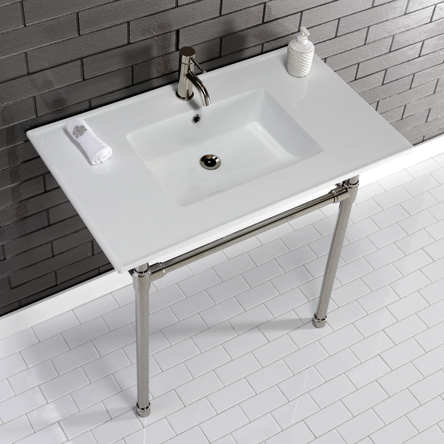 Kingston Tulare KVPB3722716 - Dreyfuss 37-Inch Ceramic Console Sink with Stainless Steel Legs (1-Hole), White/Polished Nickel - Image 2