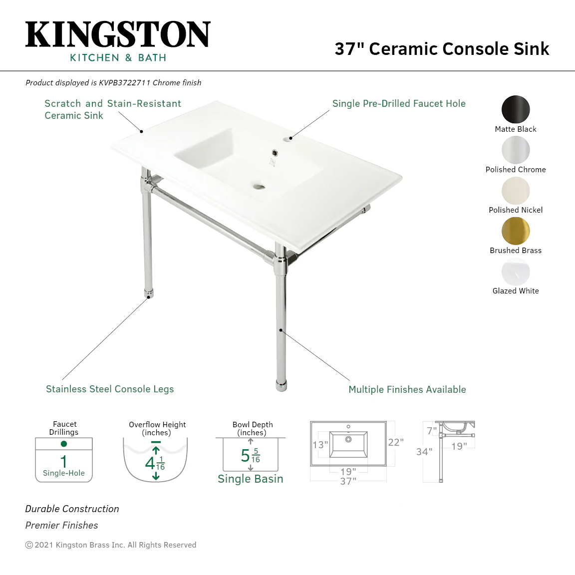 Kingston Tulare KVPB3722716 - Dreyfuss 37-Inch Ceramic Console Sink with Stainless Steel Legs (1-Hole), White/Polished Nickel - Image 5