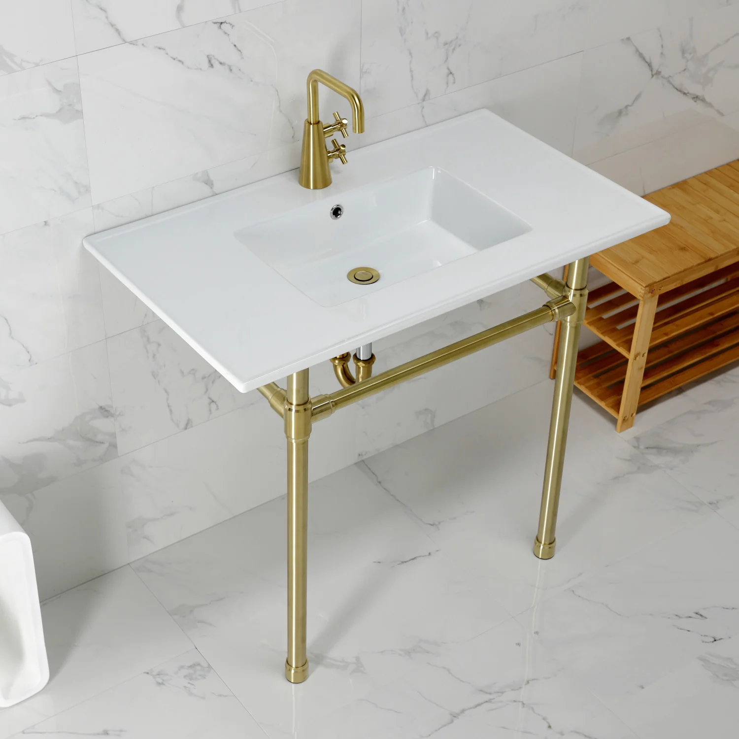 Kingston Tulare KVPB3722717 - Dreyfuss 37-Inch Ceramic Console Sink with Stainless Steel Legs (1-Hole), White/Brushed Brass - Image 2