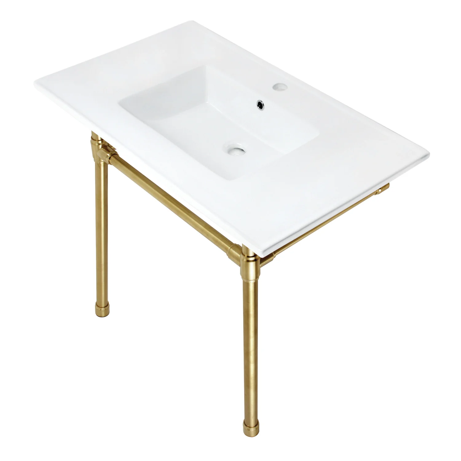 Kingston Tulare KVPB3722717 - Dreyfuss 37-Inch Ceramic Console Sink with Stainless Steel Legs (1-Hole), White/Brushed Brass - Image 3