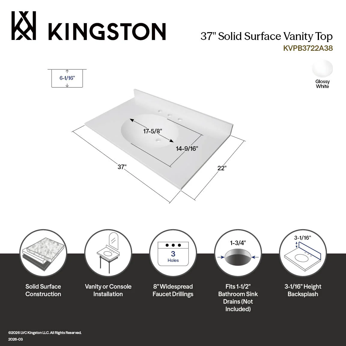 Kingston Sona KVPB3722A38 - Wimbeldon 37-Inch Solid Surface Vanity Top (8" Faucet Drillings), Glossy White - Image 2