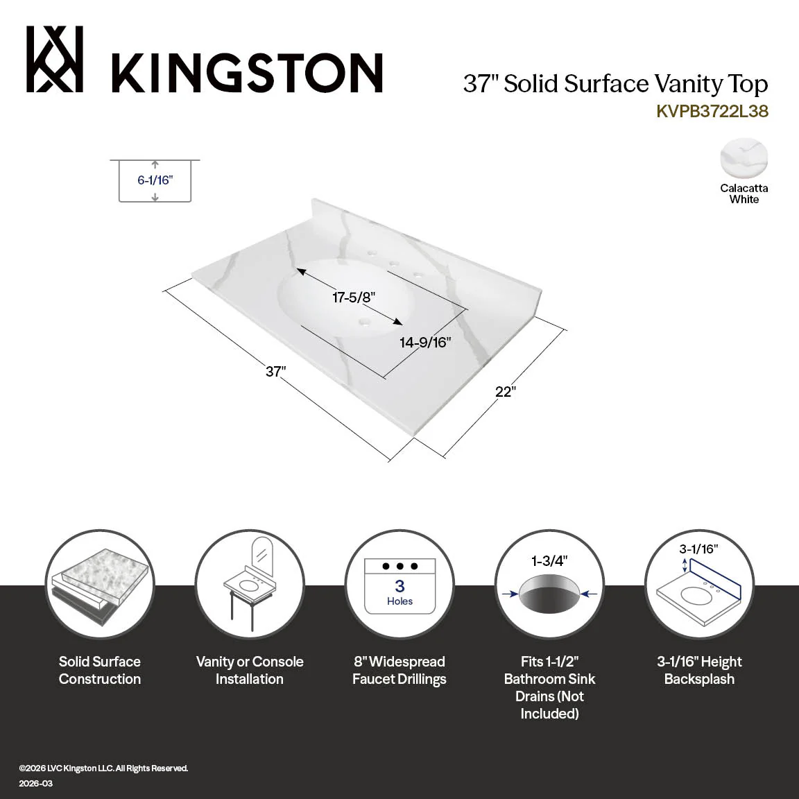 Kingston Sona KVPB3722L38 - Norbiton 37-Inch Solid Surface Vanity Top (8" Faucet Drillings), Calacatta Marble Glossy White - Image 2